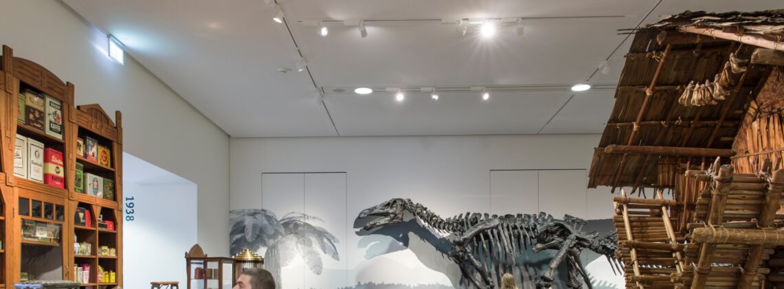 Ausstellung Spurensuche Dinosaurierskellet, Kolonialwarenladen und Südeseehaus