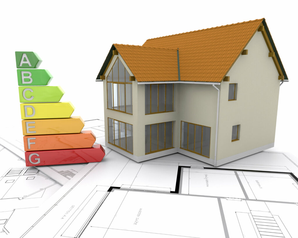 Energieeffizienzhaus: Haus mit Energiebalken und Plandateien