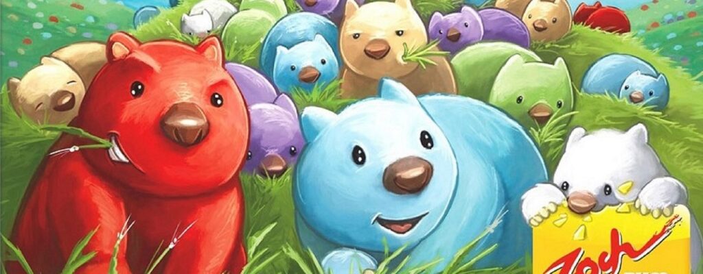 Illustration von bunten Wombats auf Spielekarton