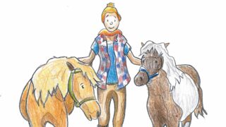 Alva rettet die Ponywiese: bei dem Bild aus dem Kinderbuch sind zwei gezeichnete Ponys zu sehen, in der Mitte steht eine Frau