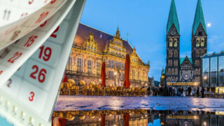 Symbolbild für Bremen Kalender 2024: eine Hand blättert in Kalenderseiten und eine Ansicht des Bremer Markplatzes ist zu sehen