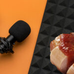 Symboldbild für den Podcast "Wen dürfen wir essen?" zeigt ein Mirkophon neben einer großen Currywurst