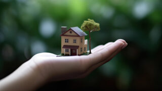 Ein kleines Haus mit einem Baum steht auf einer Hand