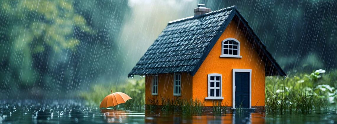 Fotocollage eine kleinen Modellhauses, das bei Regen in einer Pütze steht - Symbolbild für Immobilie bei Starkregen und Hochwasser schützen