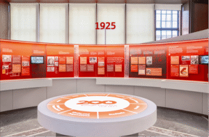 Das Rondell mit den Zeittafeln der Jubiläumsausstellung "200 Jahre Sparkasse Bremen" im Haus am Markt