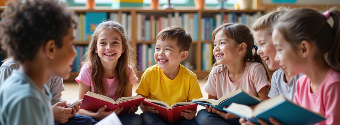 Lächelnde Kinder sitzen in einem Kreis und haben aufgeschlagene Bücher in der Hand