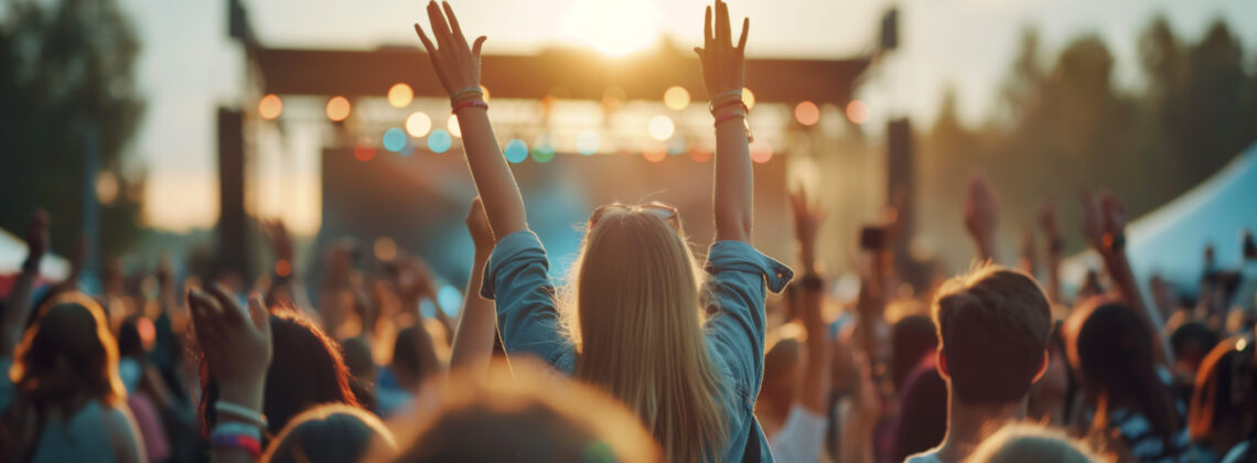 Eine Crowd vor einer Open Air Bühne in der Dämmerung