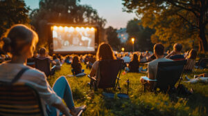 Menschen auf einer Wise vor einer Leinwand: Open Air Kino