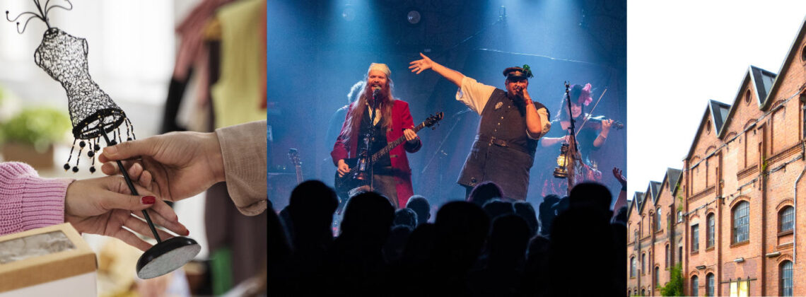 Collage mit drei Bildern: einer Folkband, einem Gebäude der Bremer Wollkämmerei und jemandem, der Kunsthandwerk kauft - Symbolbild für die Veranstaltung Blumenthaler Markttach und Folk im Kämmerei-Quartier