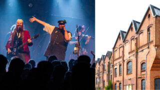 Collage mit drei Bildern: einer Folkband, einem Gebäude der Bremer Wollkämmerei und jemandem, der Kunsthandwerk kauft - Symbolbild für die Veranstaltung Blumenthaler Markttach und Folk im Kämmerei-Quartier