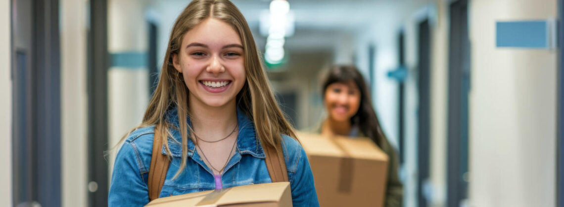 Junge Studentin trägt einen Karton und zieht in ein Studentenwohnheim ein