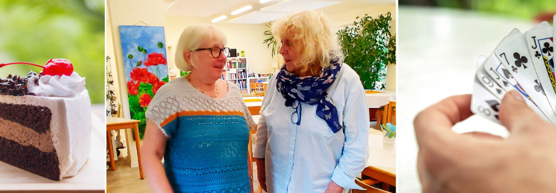 Die Collage zeigt eine Kaffee und Kuchen, Hände mit Spielkarten und die beiden Leiterinnen der Begegnungsstätte Grambke, Joyce Krijger und ihre Vertretung