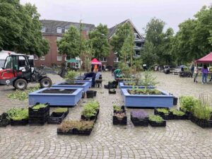 Mehrere blaue Hochbeete werden mit Pflanzen begrünt, begleitet von Anwohnenden und Helfenden beim Pop-up-Grün in Bremen-Gröpelingen