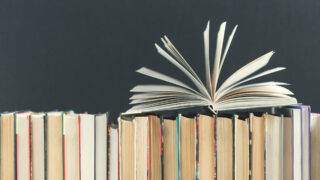 Eine Reihe von Büchern in der Seitenansicht, darauf ein aufgeklapptes Buch mit vielen Seiten
