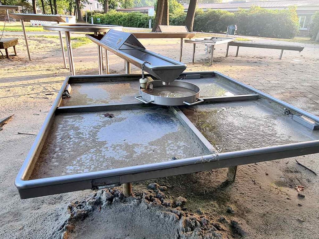 Detailaufnahme eines Wasserspielbereichs mit Edelstahlrinnen und -becken auf dem Spielplatz Friedehorst. Im Mittelpunkt steht ein rundes Wasserverteilbecken mit vier Ausläufen in rechteckige Flächen. Die Anlage steht auf festem Boden, im Hintergrund sind weitere Wasserspielelemente, Bäume und Gebäude zu sehen.