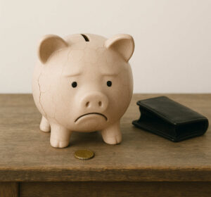 Das KI-generierte Bild zeigt ein trauriges Sparschwein neben einer Geldbörse und einer Münze. Symbolbild für Inflation