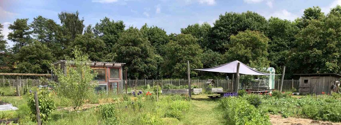 Blick in den Gemeinschaftsgarten Elli in Bremen-Huchting mit grünen Beeten, Wiese und Pavillon im Mai