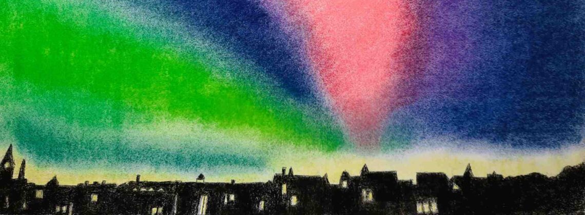 Das Gemälde von Birgut Heimburg zeigt ein Polarlicht über Bremen.