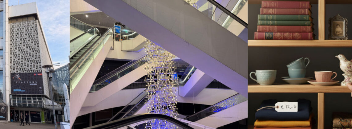 Collage aus Ansichten des Gebäudes von Galeria Kaufhof und einer Flohmarktszene, wie sie beim Flomio Flohmarkt stattfinden könnte.