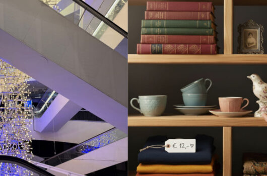 Collage aus Ansichten des Gebäudes von Galeria Kaufhof und einer Flohmarktszene, wie sie beim Flomio Flohmarkt stattfinden könnte.