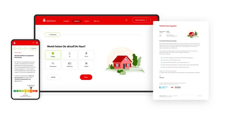 Screenshot des Modernisierungsrechners der Sparkasse Bremen auf Smartphone, Laptop und als Ergebnis-PDF – digitales Tool zur Modernisierungsplanung.