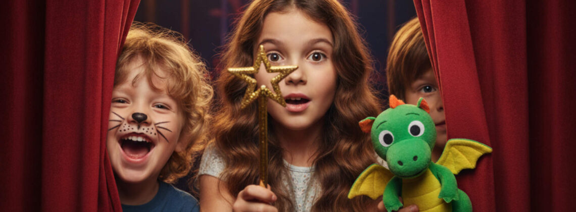 Drei Kinder schauen lachend und staunend durch einen Theatervorhang. AI-generiertes Symbolbild für Tag for Lütte im Zentrum für Kunst im Tabakquartier Bremen.