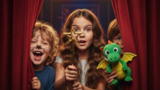 Drei Kinder schauen lachend und staunend durch einen Theatervorhang. AI-generiertes Symbolbild für Tag for Lütte im Zentrum für Kunst im Tabakquartier Bremen.