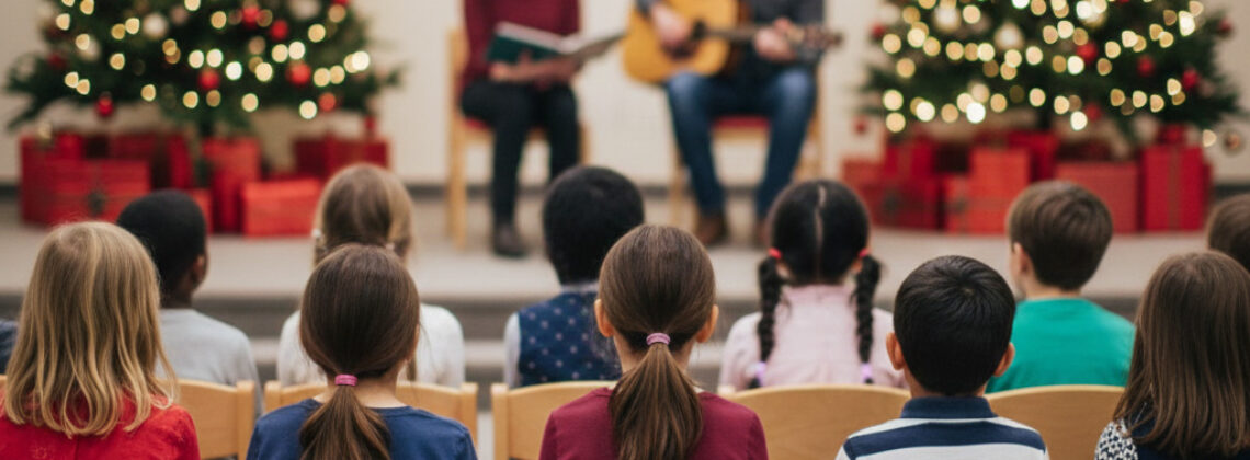 Mehrere Kinder sitzen auf Stühlen und schauen auf eine Bühne mit zwei Personen, die eine musikalische Weihnachtslesung vor zwei geschmückten Tannenbäumen halten.