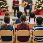 Mehrere Kinder sitzen auf Stühlen und schauen auf eine Bühne mit zwei Personen, die eine musikalische Weihnachtslesung vor zwei geschmückten Tannenbäumen halten.