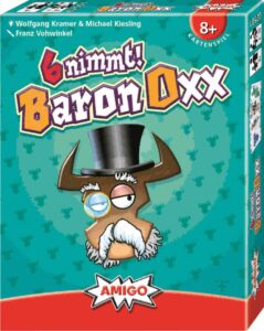 Das Cover des Bremer Kartenlegespiels 6nimmt! - Baron Oxx zeigt ein Rind im Cartoonstil, das einen Schnurrbart und Zylinder trägt. 