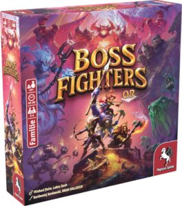 Buntes Cover des Kartendeck-Spiels Boss Fighters QR, ein 2025 neu erschienenes Bremer Brettspiel