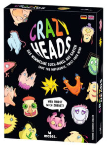 Cover des Bremer Brettspiels Crazy Heads mit schwarzem Karton, auf dem viele witzige Aliengesichter zu sehen sind