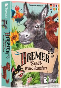 Das Cover des Kartenspiels Bremer Stadtmusikanten zeigt Esel, Hund, Katze und Hahn und den Spieletitel in liebervoller Illustration.