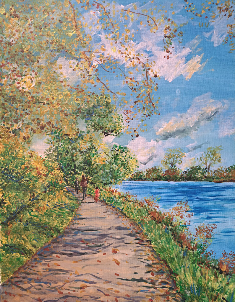 Gemälde eines Parks mit einem Gewässer