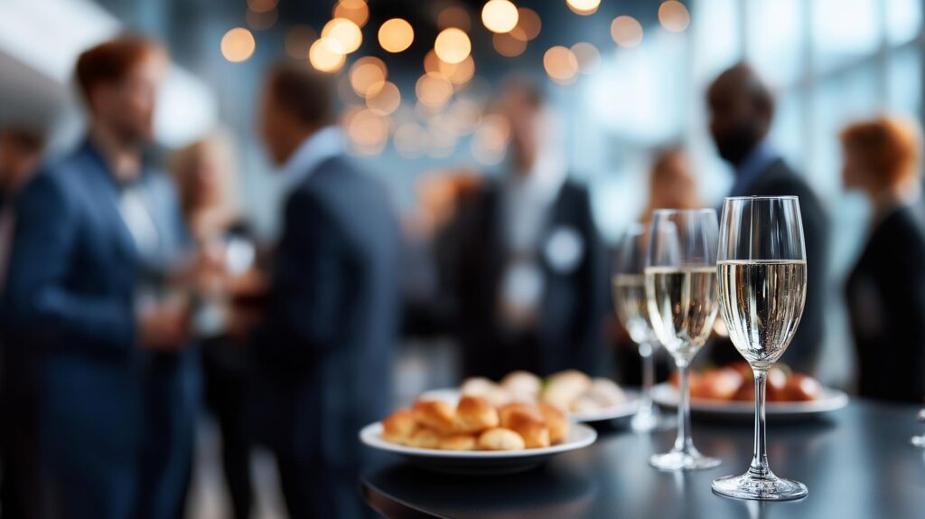 After-Work-Event mit gefüllten Sektgläsern und Snacks im Vordergrund, im Hintergrund unterhalten sich mehrere Personen im Business-Outfit