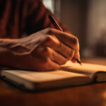 Hand schreibt bei warmem Kerzenlicht eine Geschichte in ein Notizbuch – stimmungsvolles Symbolbild für kreatives Schreiben und persönliche Geschichten.