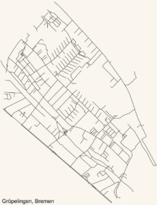 Detaillierte Straßenkarte des Bremer Stadtteils Gröpelingen mit eingezeichnetem Straßennetz und Stadtteilgrenzen