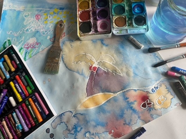 Aquarelfarbe und Ölkreide, Pinsel und Farben