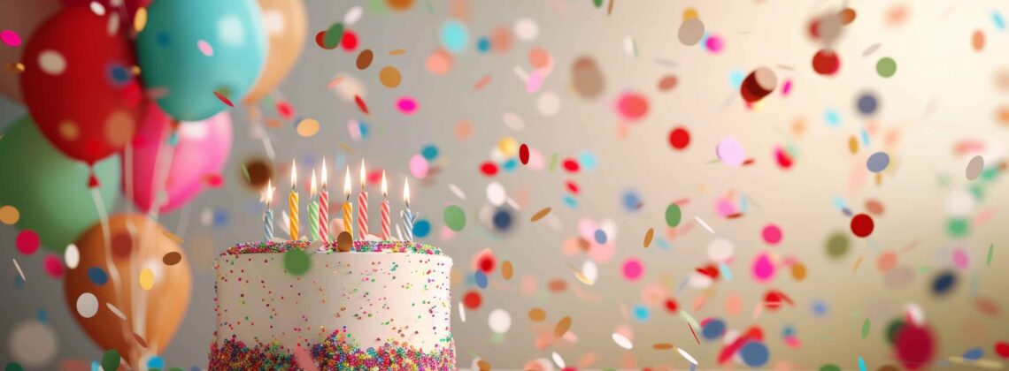 Geburtstagstorte mit brennenden Kerzen, umgeben von buntem Konfetti und Luftballons