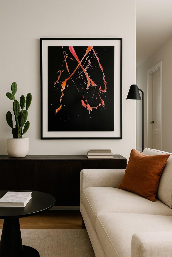 Gerahmtes abstraktes Kunstwerk mit schwarzem Hintergrund und orange-roten Farbbewegungen an einer hellen Wand.