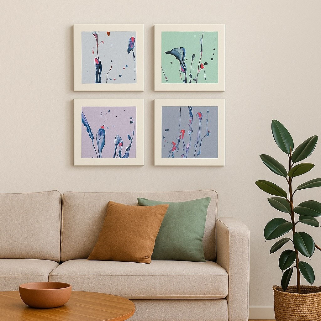 Vier abstrakte Bilder in hellen Pastelltönen hängen in quadratischer Anordnung über einem Sofa.