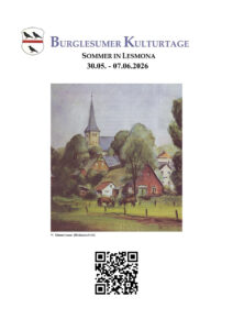 Plakat der Burglesumer Kulturtage 2026 mit Wappen, Veranstaltungsdaten, Bildausschnitt einer Ortsansicht von H. Giesenbauer und QR-Code.