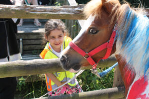 Ein Kind begegnet auf einer Erlebnisfarm einem Pony mit bunt gefärbter Mähne.