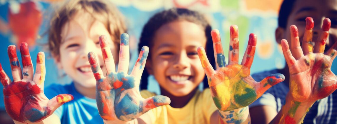 Mehrere Kinder zeigen freudestrahlend ihre farbverschmierten Hände in die Kamera