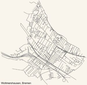 Detaillierte Straßenkarte des Bremer Stadtteils Woltmershausen mit eingezeichnetem Straßennetz und Stadtteilgrenzen