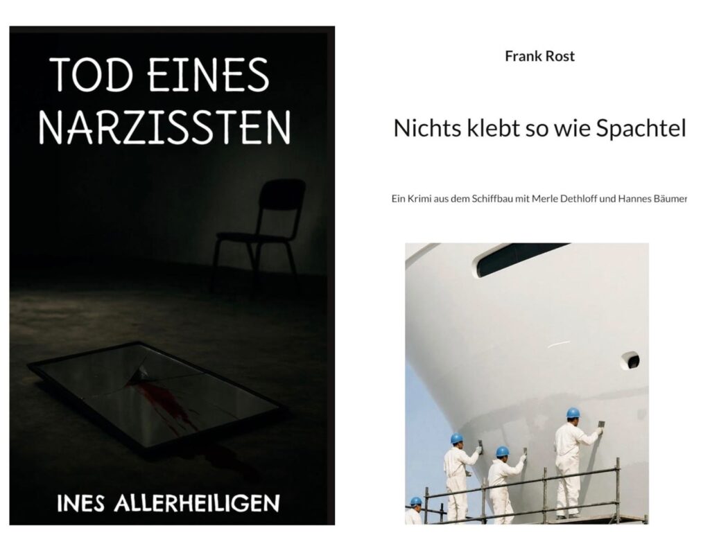 Zwei Krimmibücher. Schwarz und wiess mit einem Schiff. Männer die arbeiten