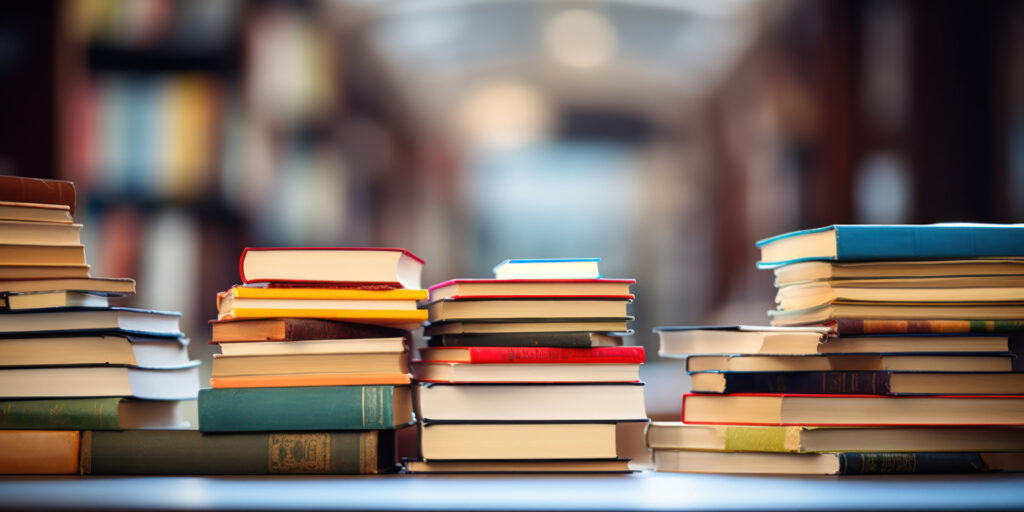 Mehrere Bücherstapel auf einem Tisch vor unscharfem Hintergrund