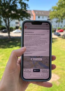 Moin & Mahlzeit: eine Hand hält ein Smartphone mit der Startseite des Audiowalks