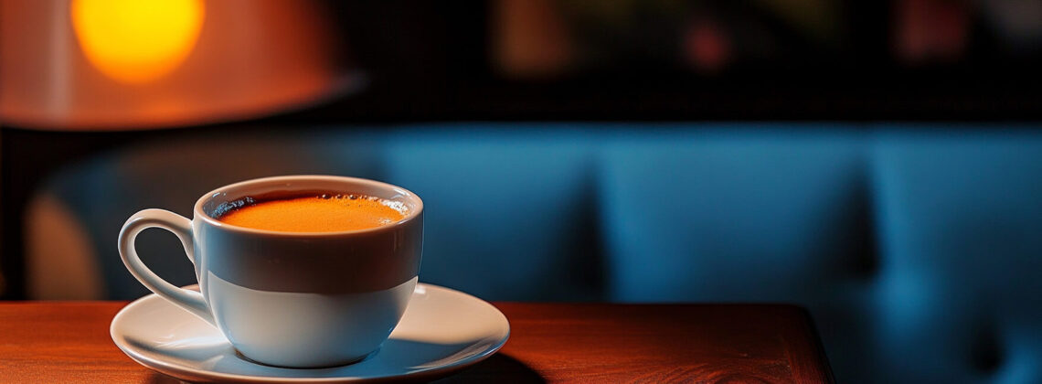 Eine Tasse Kaffee steht auf einem Holztisch in warmer Abendstimmung und symbolisiert Ruhe, Ankommen und Unterstützung.