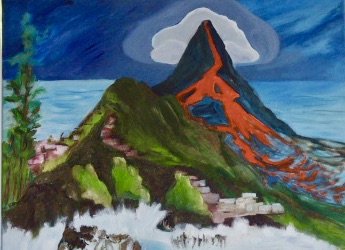 Abstraktes Gemälde von Regine Hawkins mit einem spitzen Berg in kräftigem Orange, grünen Hängen und blauem Himmel.